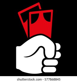 Banknotes Salary Hand vector icon. Flat bicolor red and white symbol. Pictogram is isolated on a black background. Designed for web and software interfaces.