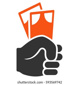 Banknotes Salary Hand vector icon. Flat bicolor orange and gray symbol. Pictogram is isolated on a white background. Designed for web and software interfaces.