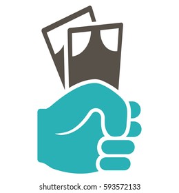 Banknotes Salary Hand vector icon. Flat bicolor grey and cyan symbol. Pictogram is isolated on a white background. Designed for web and software interfaces.