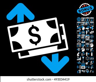 Banknotes Spending icon with bonus calendar and time management symbols. Vector illustration style is flat iconic bicolor symbols, blue and white colors, black background.