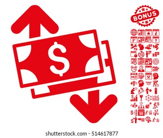 Banknotes Spending icon with bonus calendar and time management icon set. Vector illustration style is flat iconic symbols, red color, white background.