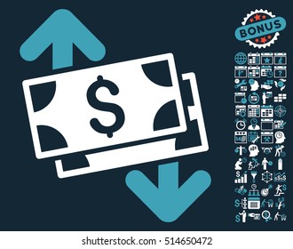 Banknotes Spending icon with bonus calendar and time management pictures. Vector illustration style is flat iconic bicolor symbols, blue and white colors, dark blue background.