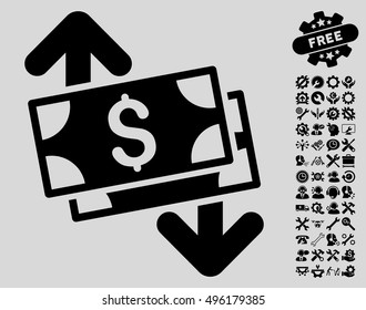 Banknotes Spending icon with bonus tools symbols. Vector illustration style is flat iconic symbols, black color, light gray background.