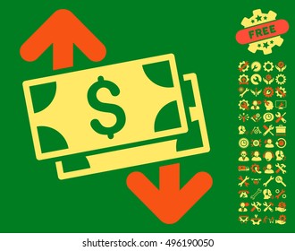 Banknotes Spending icon with bonus tools pictogram. Vector illustration style is flat iconic bicolor symbols, orange and yellow colors, green background.
