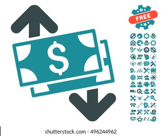 Banknotes Spending icon with bonus tools images. Vector illustration style is flat iconic bicolor symbols, soft blue colors, white background.