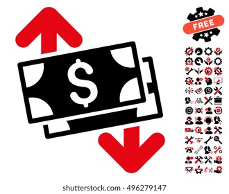 Banknotes Spending icon with bonus tools clip art. Vector illustration style is flat iconic bicolor symbols, intensive red and black colors, white background.