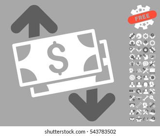 Banknotes Spending icon with bonus tools design elements. Vector illustration style is flat iconic bicolor symbols, dark gray and white colors, silver background.