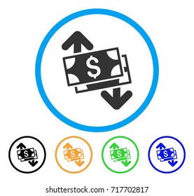 Banknotes Spending icon. Vector illustration style is a flat iconic banknotes spending grey rounded symbol inside light blue circle with black, green, blue, yellow color versions.