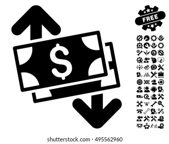 Banknotes Spending pictograph with bonus tools icon set. Vector illustration style is flat iconic symbols, black color, white background.