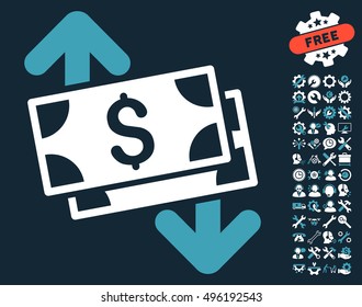 Banknotes Spending pictograph with bonus tools clip art. Vector illustration style is flat iconic bicolor symbols, blue and white colors, dark blue background.