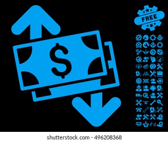 Banknotes Spending pictograph with bonus tools pictures. Vector illustration style is flat iconic symbols, blue color, black background.