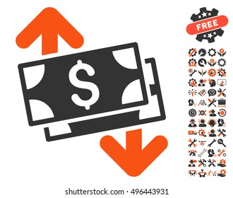 Banknotes Spending pictograph with bonus tools images. Vector illustration style is flat iconic bicolor symbols, orange and gray colors, white background.