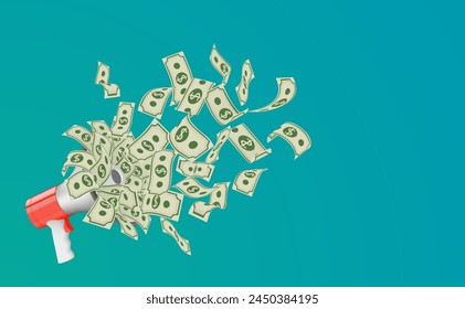 Banknotes spread out from the megaphone on green background. Investment loan advertisements, Bank public relations media, Marketing plan for the highest discounts vector illustration