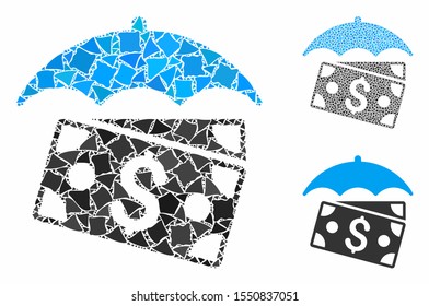 Banknotes umbrella composition of tremulant elements in variable sizes and color tinges, based on banknotes umbrella icon. Vector inequal elements are organized into composition.
