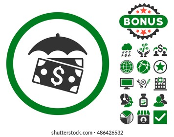 Banknotes Umbrella icon with bonus design elements. Vector illustration style is flat iconic bicolor symbols, green and gray colors, white background.