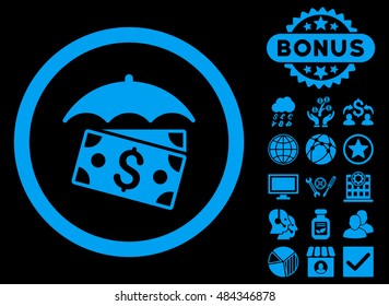 Banknotes Umbrella icon with bonus elements. Vector illustration style is flat iconic symbols, blue color, black background.
