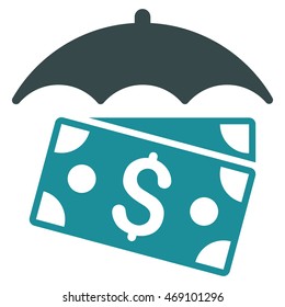 Banknotes Umbrella icon. Vector style is bicolor flat iconic symbol with rounded angles, soft blue colors, white background.