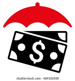 Banknotes Umbrella icon. Vector style is bicolor flat iconic symbol with rounded angles, intensive red and black colors, white background.