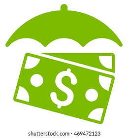 Banknotes Umbrella icon. Vector style is flat iconic symbol with rounded angles, eco green color, white background.
