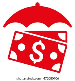 Banknotes Umbrella icon. Vector style is flat iconic symbol with rounded angles, red color, white background.