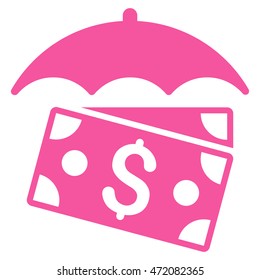 Banknotes Umbrella icon. Vector style is flat iconic symbol with rounded angles, pink color, white background.
