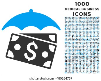 Banknotes Umbrella vector bicolor icon with 1000 medical business icons. Set style is flat pictograms, blue and gray colors, white background.