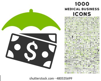 Banknotes Umbrella vector bicolor icon with 1000 medical business icons. Set style is flat pictograms, eco green and gray colors, white background.