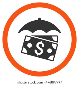 Banknotes Umbrella vector bicolor rounded icon. Image style is a flat icon symbol inside a circle, orange and gray colors, white background.
