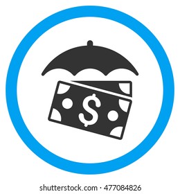 Banknotes Umbrella vector bicolor rounded icon. Image style is a flat icon symbol inside a circle, blue and gray colors, white background.
