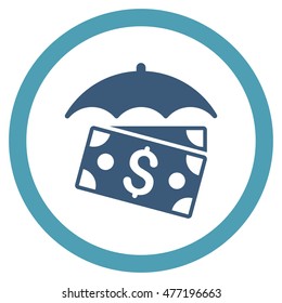 Banknotes Umbrella vector bicolor rounded icon. Image style is a flat icon symbol inside a circle, cyan and blue colors, white background.