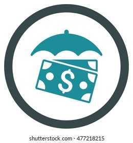 Banknotes Umbrella vector bicolor rounded icon. Image style is a flat icon symbol inside a circle, soft blue colors, white background.