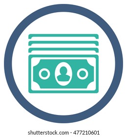 Banknotes vector bicolor rounded icon. Image style is a flat icon symbol inside a circle, cobalt and cyan colors, white background.