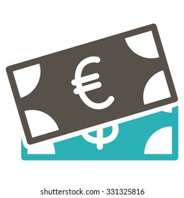 Banknotes vector icon. Style is flat bicolor grey and cyan symbol, rounded angles, white background.
