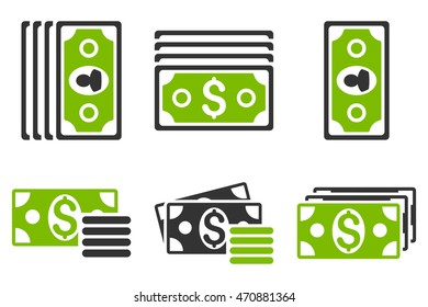 Banknotes vector icons. Pictogram style is bicolor eco green and gray flat icons with rounded angles on a white background.