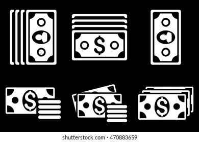 Banknotes vector icons. Pictogram style is white flat icons with rounded angles on a black background.