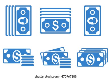 Banknotes vector icons. Pictogram style is cobalt flat icons with rounded angles on a white background.