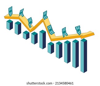 Banknotes are walking on the diagram with an arrow. Dollars are running on a successful chart to the top under which there is a chart.