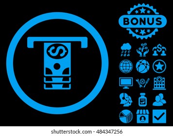 Banknotes Withdraw icon with bonus design elements. Vector illustration style is flat iconic symbols, blue color, black background.
