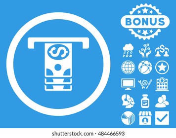 Banknotes Withdraw icon with bonus images. Vector illustration style is flat iconic symbols, white color, blue background.
