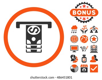 Banknotes Withdraw icon with bonus images. Vector illustration style is flat iconic bicolor symbols, orange and gray colors, white background.
