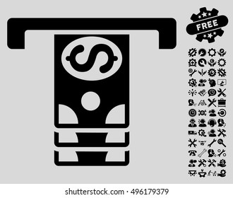 Banknotes Withdraw icon with bonus tools pictograph collection. Vector illustration style is flat iconic symbols, black color, light gray background.