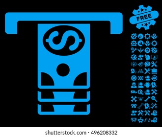 Banknotes Withdraw icon with bonus tools clip art. Vector illustration style is flat iconic symbols, blue color, black background.