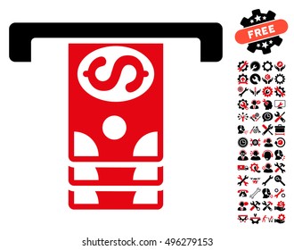 Banknotes Withdraw icon with bonus tools images. Vector illustration style is flat iconic bicolor symbols, intensive red and black colors, white background.