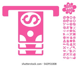 Banknotes Withdraw icon with bonus tools pictograph collection. Vector illustration style is flat iconic symbols, pink color, white background.