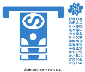Banknotes Withdraw icon with bonus tools symbols. Vector illustration style is flat iconic symbols, cobalt color, white background.