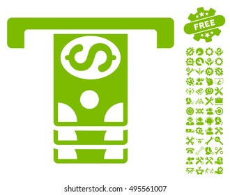 Banknotes Withdraw pictograph with bonus tools design elements. Vector illustration style is flat iconic symbols, eco green color, white background.