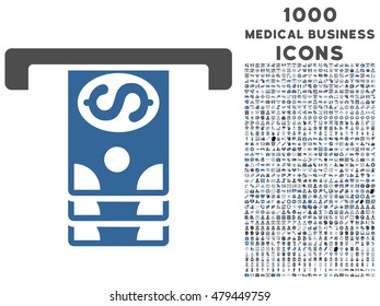 Banknotes Withdraw vector bicolor icon with 1000 medical business icons. Set style is flat pictograms, cobalt and gray colors, white background.