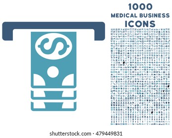 Banknotes Withdraw vector bicolor icon with 1000 medical business icons. Set style is flat pictograms, cyan and blue colors, white background.