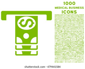 Banknotes Withdraw vector icon with 1000 medical business icons. Set style is flat pictograms, eco green color, white background.