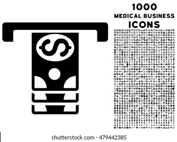 Banknotes Withdraw vector icon with 1000 medical business icons. Set style is flat pictograms, black color, white background.